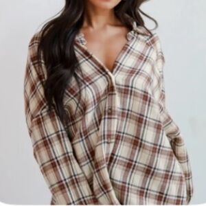 HYFVE Cream Beige Plaid Button-Down Shirt with Brown Accents